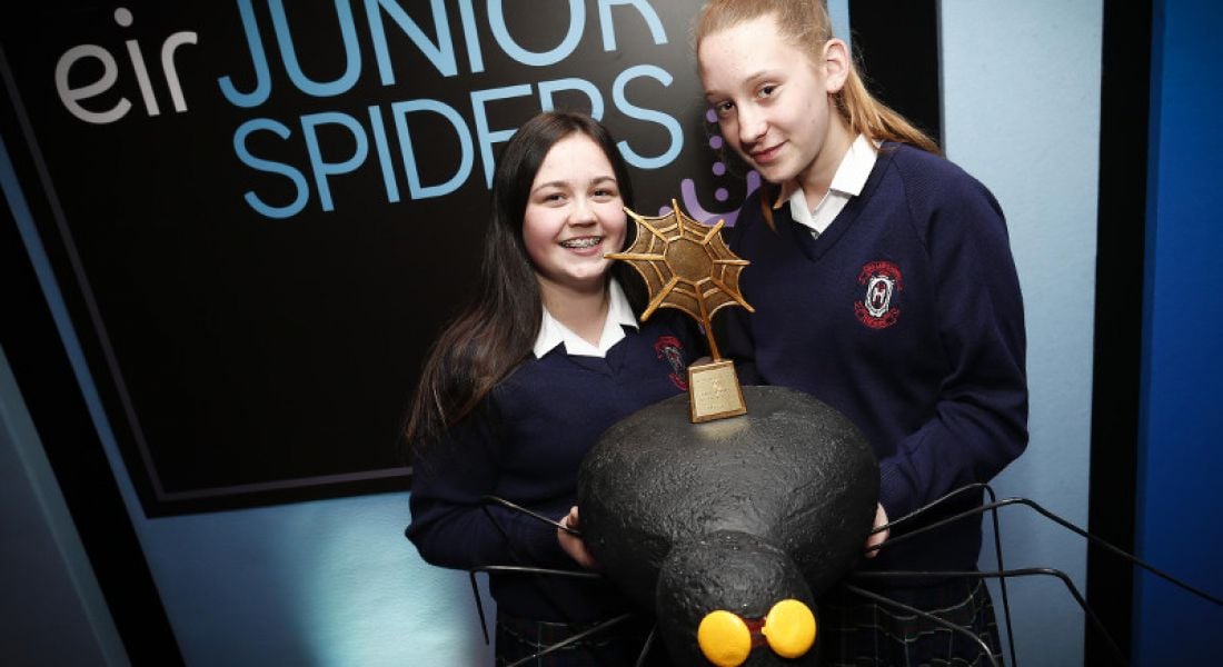 Pictured receiving the eir Junior Spiders Award best group project were Jade Lynch and Aoife Taite from Our Lady’s School, Templeogue Rd, Terenure with group project ‘AJ’s Garden’, via Conor McCabe Photography