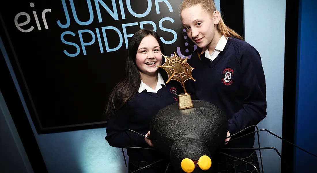 Pictured receiving the eir Junior Spiders Award best group project were Jade Lynch and Aoife Taite from Our Lady’s School, Templeogue Rd, Terenure with group project ‘AJ’s Garden’, via Conor McCabe Photography