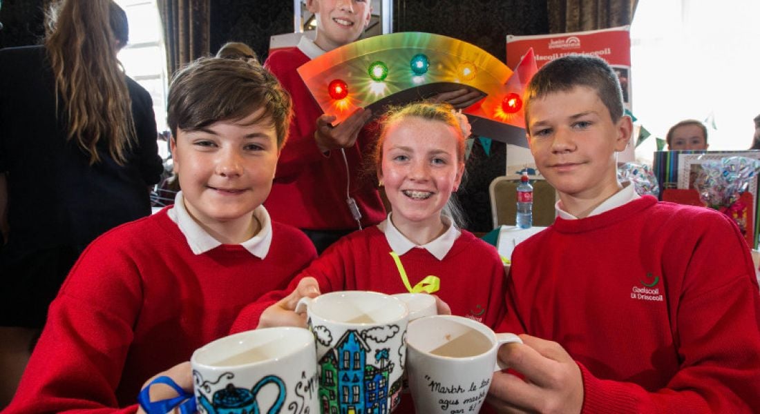 Pictured at the Cork JEP showcase were (l-r) Eoghan O'Donnabhain, Katie Hearne, Jack Nestor and (back row) Conor O'Muir, from Gaelscoil Ui Drisceoil, Glanmire, Co. Cork – via Cathal Mooney