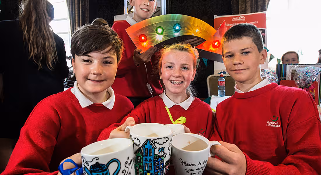 Pictured at the Cork JEP showcase were (l-r) Eoghan O'Donnabhain, Katie Hearne, Jack Nestor and (back row) Conor O'Muir, from Gaelscoil Ui Drisceoil, Glanmire, Co. Cork – via Cathal Mooney