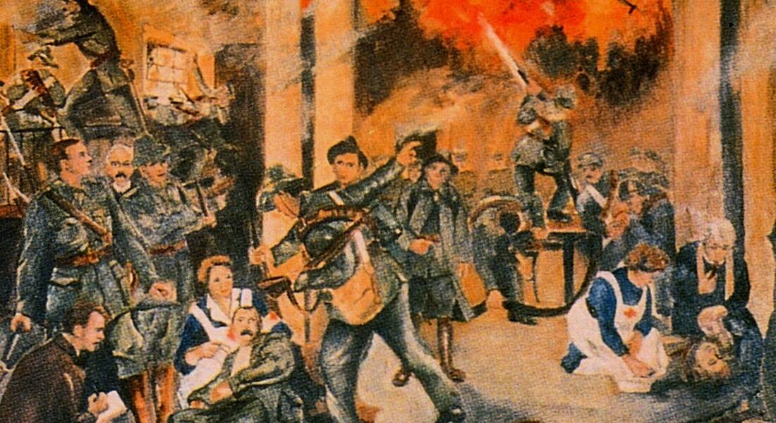 1916 rising: “Birth of the Irish Republic” by Walter Paget, depicting the GPO during the shelling, via Public Domain