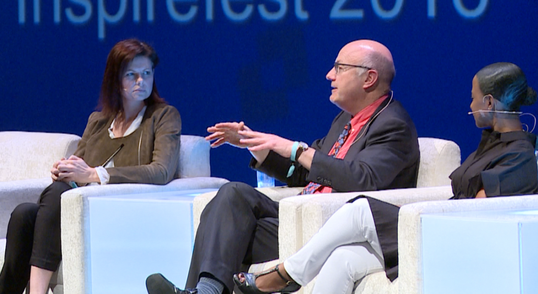 Prof Christine Loscher, research director of DCU, Prof Mark Ferguson, director-general of SFI and Alex Bernadotte, founder of Beyond 12 at Inspirefest 2016. Image: Inspirefest HQ/YouTube