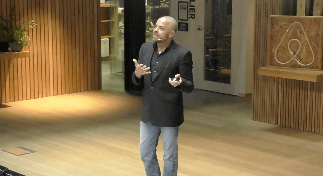 Airbnb CMO Jonathan Mildenhall speaking at the company’s Dublin HQ in May 2017