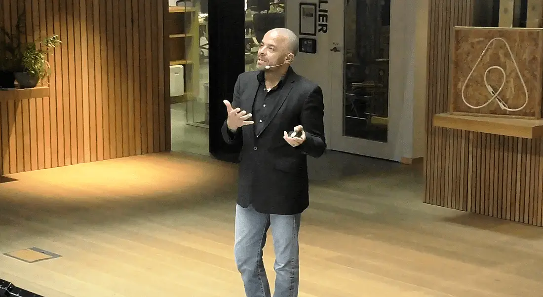 Airbnb CMO Jonathan Mildenhall speaking at the company’s Dublin HQ in May 2017