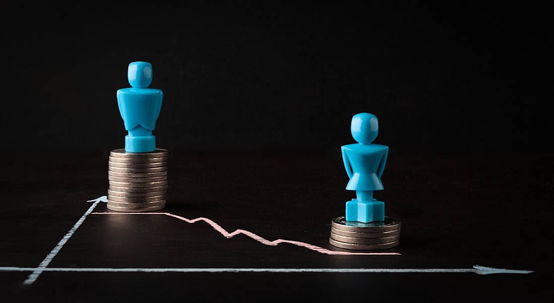 Gender pay gap concept depicted with male and female figurines standing on top of coin piles and a line graph.