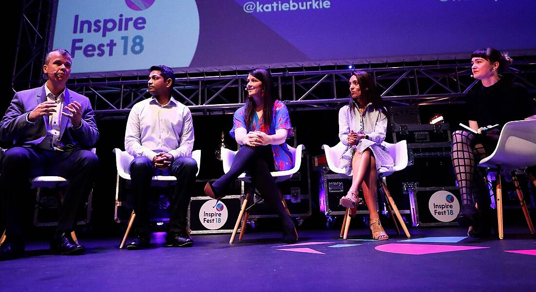 Deutsche Bank Service Centre’s Sheamus Causer, Reflektive’s Rajeev Behera, HubSpot’s Katie Burke, Fidelity International’s Ranjani Kearsley and Siliconrepublic.com’s Elaine Burke speaking on the future of work panel at Inspirefest 2018.