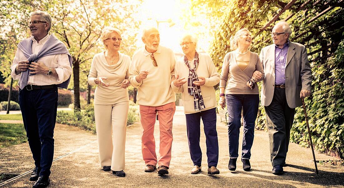 Group of old people walking outdoors. Ageing population concept