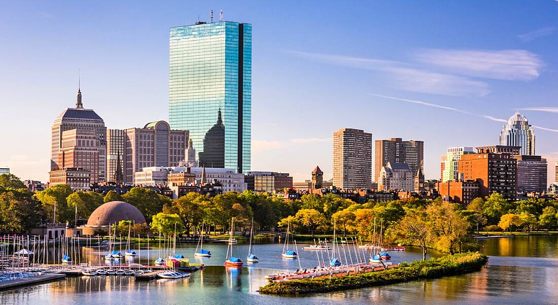 Glorious view of the Boston skyline over the harbour. It shows full trees and tall buildings against a bright blue sky.