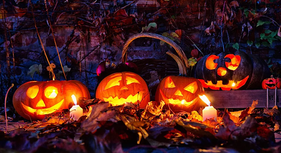 A group of lit up jack-o-lanterns with smiling faces carved on. The pumpkins are sitting on a bed of autumnal leaves in a forest at night.