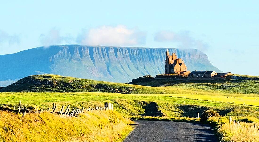 View of Sligo's Benbulben mountain with a blue sky.