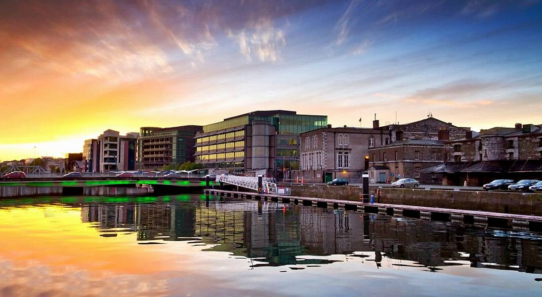 Beautiful image of Cork city centre and River Lee at sunset.