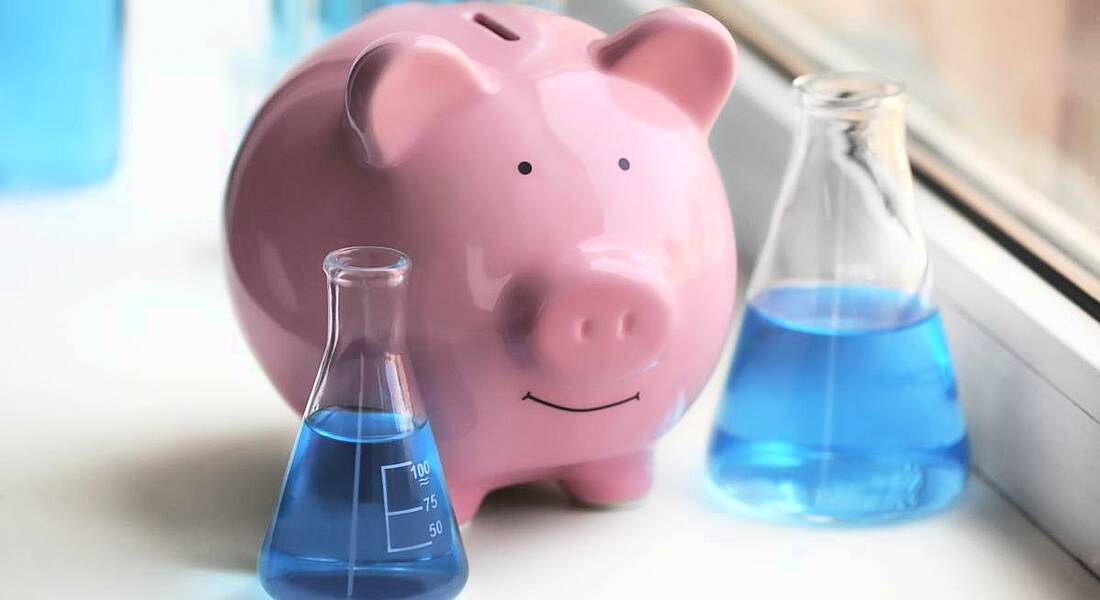 A pink piggy bank standing beside two lab beakers with blue liquid, representing salaries in life sciences.