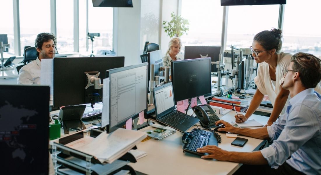 A group of men and women working in an office with computers at desks.