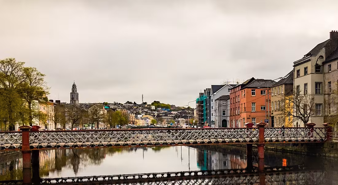 A bridge over the River Lee in Cork, surrounded by greenery and colourful apartment blocks.