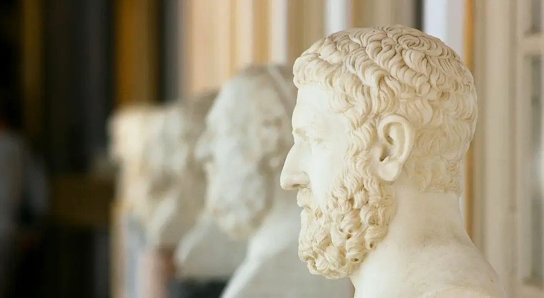 A view of alabaster busts of Ancient Greek philosophers.