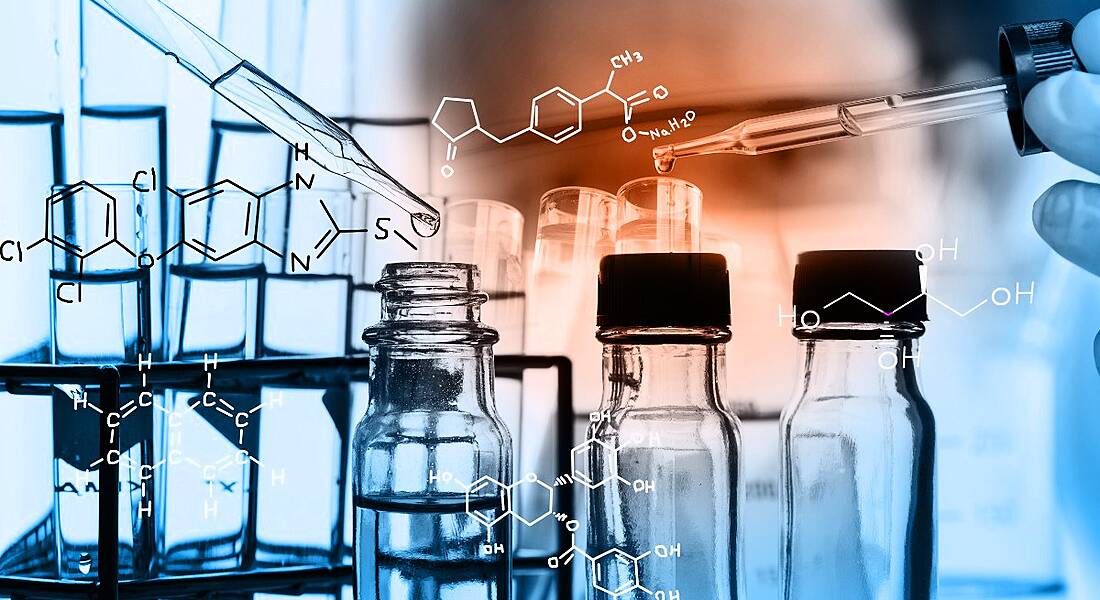 Laboratory glassware containing chemical liquid, science research,Double exposure of scientist and test tubes, laboratory concept with chemical equations.