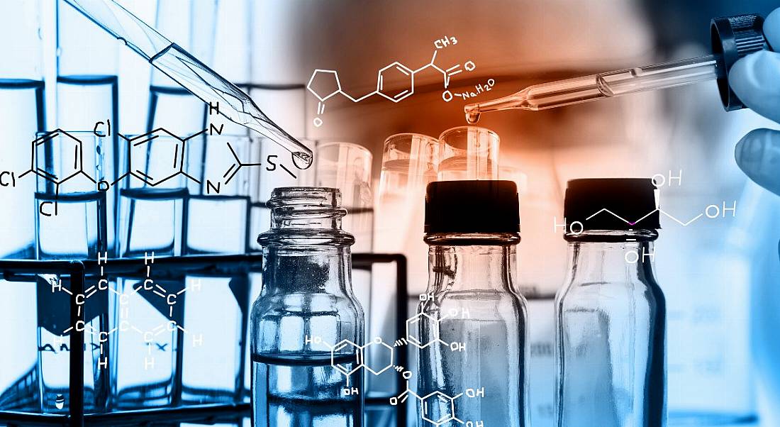 Laboratory glassware containing chemical liquid, science research,Double exposure of scientist and test tubes, laboratory concept with chemical equations.