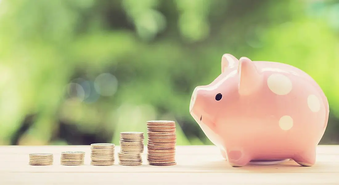 A stack of coins leading to other stacks that gradually get bigger, leading to a pink piggy bank representing pay increases.