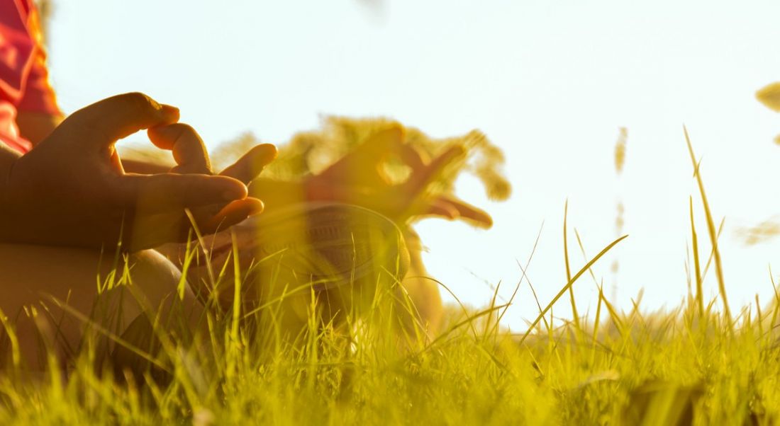 Close-up of a person's hands resting on their lap, doing yoga while sitting cross-legged on grass in the sun