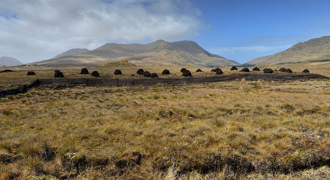 Landscape of bogland in Ireland, with piles of turf drying under the sun.