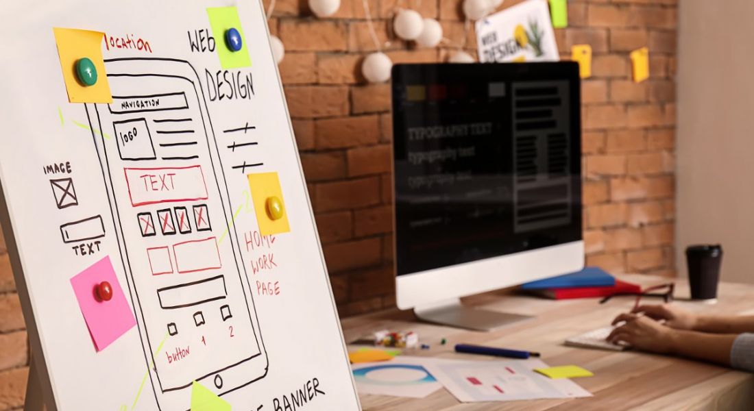 Flipchart with UX drawings of mobile phone interface in office with monitor in background.