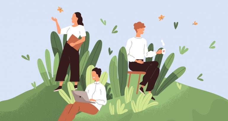Cartoon image showing three employees enjoying a healthy workplace culture. They are sitting on a hill of grass on their laptops with cups of tea.