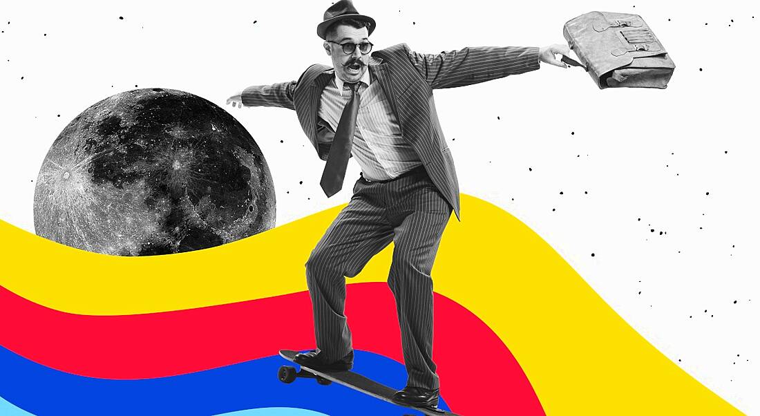 Flow state concept of some groovy hipster in a business suit skating on a skateboard with a crystal ball behind him and a colourful wave underneath the skateboard.