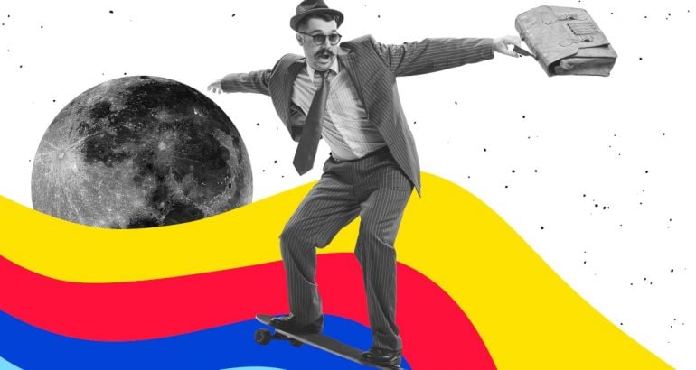 Flow state concept of some groovy hipster in a business suit skating on a skateboard with a crystal ball behind him and a colourful wave underneath the skateboard.