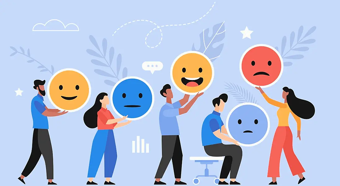 Cartoon of people participating in employee engagement surveys with workers holding giant emojis indicating whether they are happy, sad, angry or ambivalent.