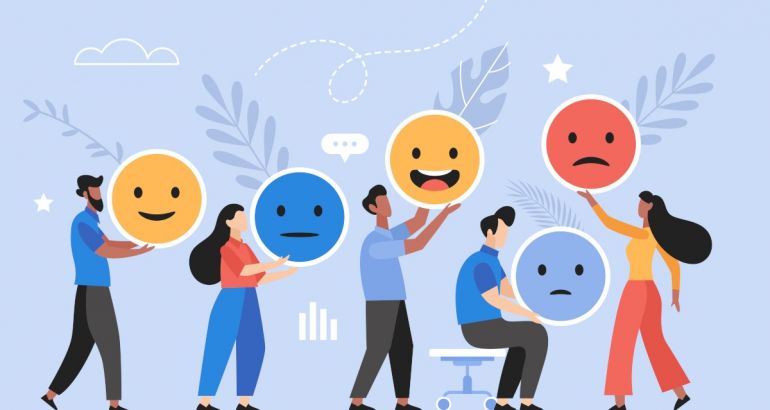 Cartoon of people participating in employee engagement surveys with workers holding giant emojis indicating whether they are happy, sad, angry or ambivalent.