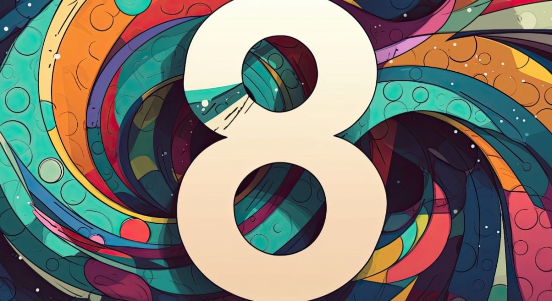 The number eight against a brightly coloured graphic paint swirl background.