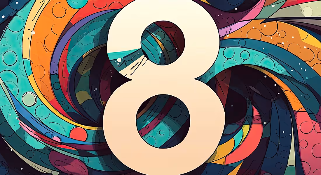 The number eight against a brightly coloured graphic paint swirl background.