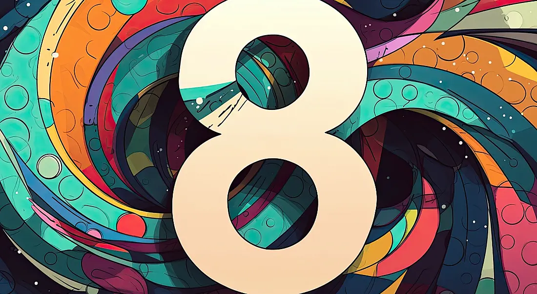 The number eight against a brightly coloured graphic paint swirl background.