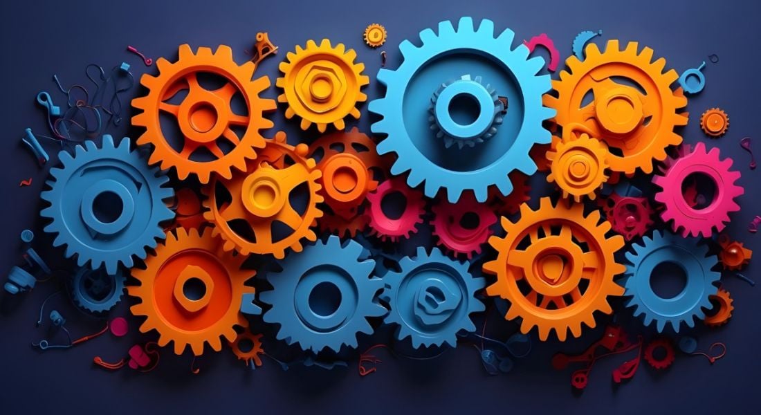 Multi-coloured wheels are connected to represent how one skill is a cog in a diverse system.