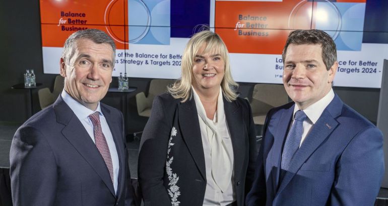 A woman stands between two men. From left: Aongus Hegarty and Carol Andrews, co-chairs of Balance for Better Business Review Group with Minister for Enterprise, Trade and Employment Peter Burke