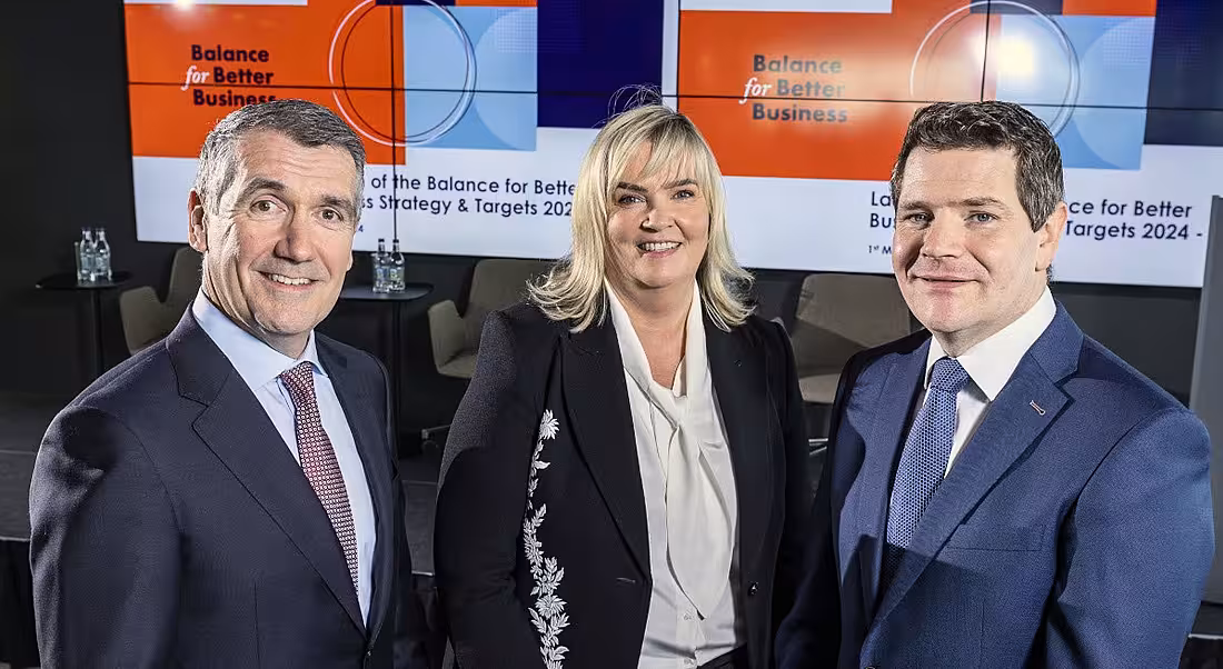 A woman stands between two men. From left: Aongus Hegarty and Carol Andrews, co-chairs of Balance for Better Business Review Group with Minister for Enterprise, Trade and Employment Peter Burke