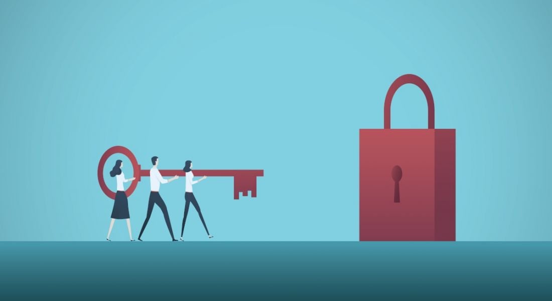 Illustration of three people holding a large red key and bringing it to a large red padlock, symbolising cybersecurity knowledge.