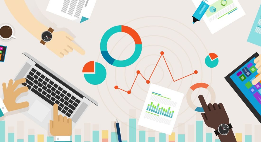 A cartoon image depicting several people working over statistics, facts and figures, using various devices.