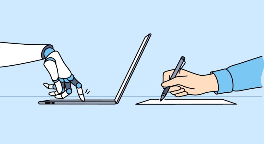 Illustration of a person's arm writing on paper, and a robotic hand typing on a laptop on the other side.