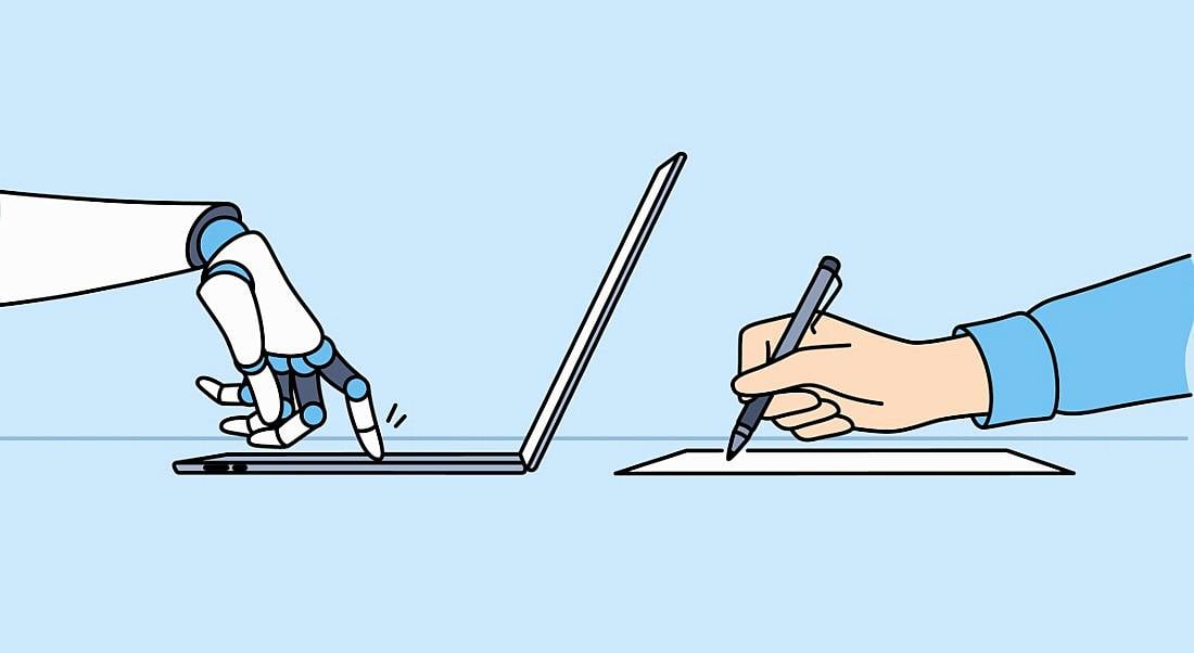 Illustration of a person's arm writing on paper, and a robotic hand typing on a laptop on the other side.