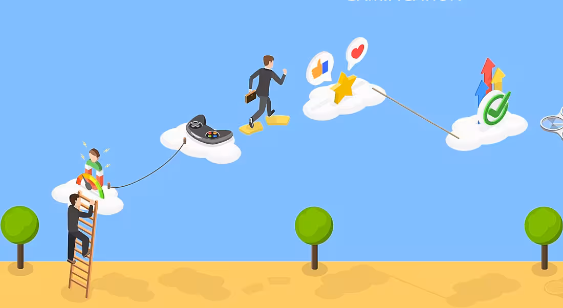 Co-workers navigate work and training on a game-based course, representing the gamification of the workplace.
