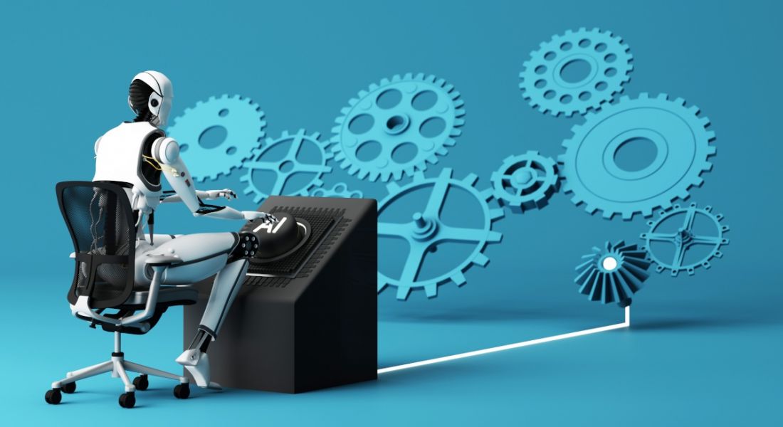 Against a blue backdrop, a robot sits at a control desk, turning the cogs of a company, representing an automated workforce.