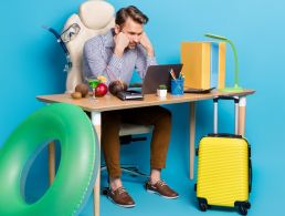 Agitated, screaming man with alarm clocks behind him floating around.