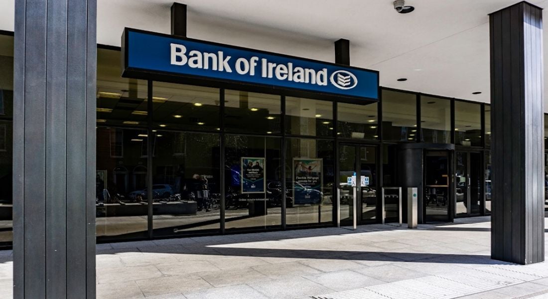 The Bank of Ireland logo above a grey building, to symbolise the announcement of 100 new jobs in the technology departments.