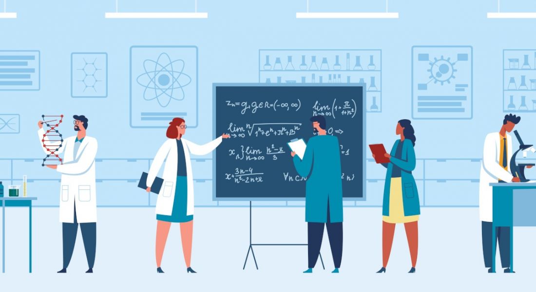 In a blue laboratory style room several researchers collaborate over results, maths, test tubes and other indicators of research.