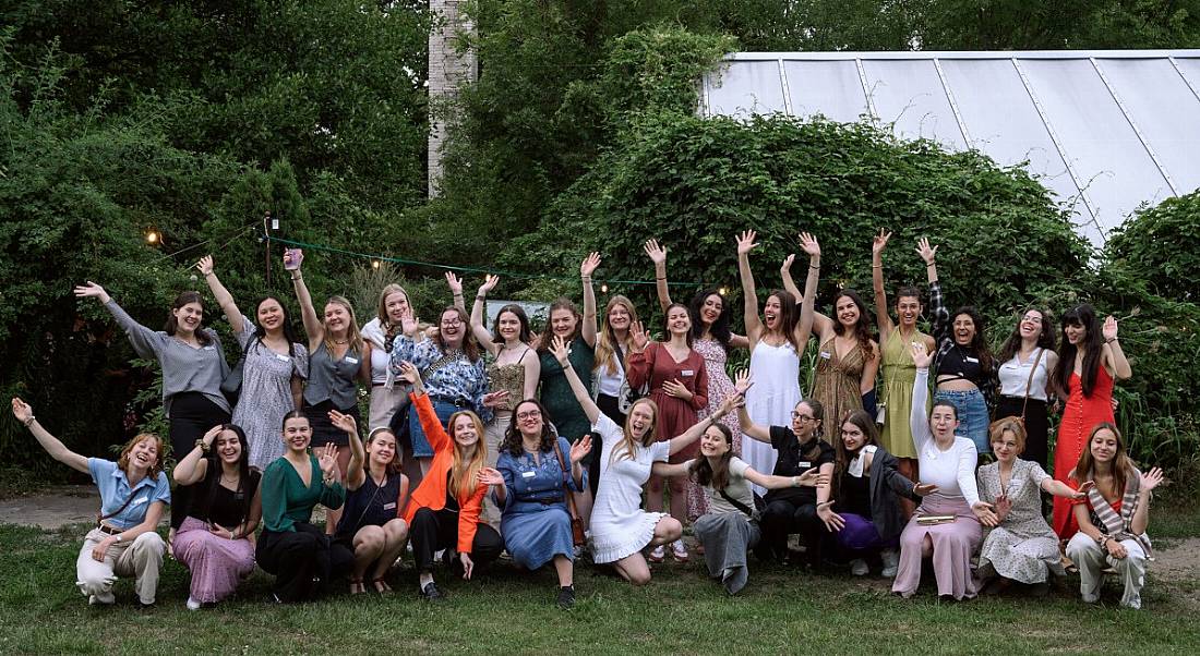 The 29 women chosen by the European Learning Academy pose outside in Warsaw, Poland, for the European Leadership Academy and Huawei event.