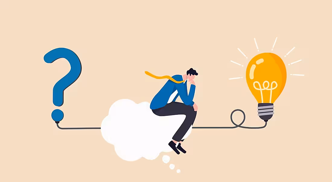 A cartoon man sits between a question mark and an idea, symbolising the importance of critical thinking to reach a conclusion.