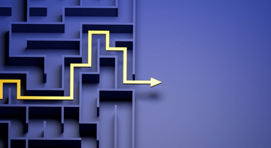 A yellow arrow moves through a purple maze, indicating clever problem-solving.