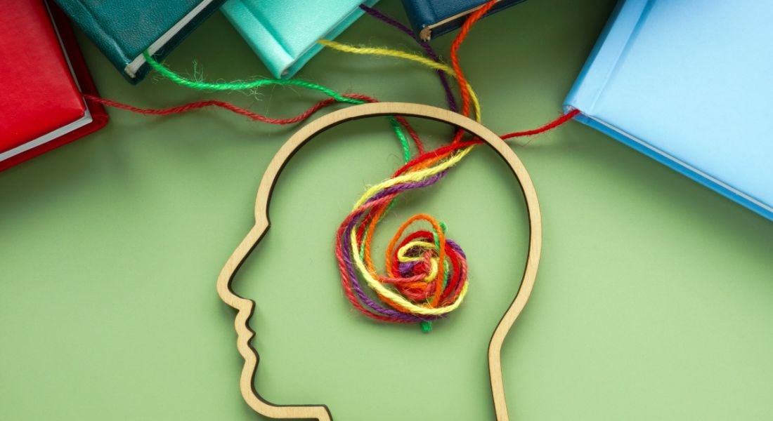 A wooden outline of a head surrounded by books. Colourful threads from each book trails into the head and clumps together in a knot.