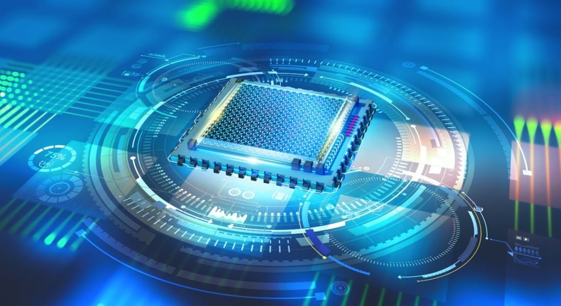 Futuristic 3D illustration of a quantum computing processor. A blue computer chip sits on a surface of colourful circles and lines.